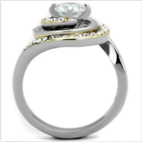 Silver Gold Art Deco Cocktail Ring Size 8 9 10 Statement Swirl Cubic Zirconia - Picture 3 of 8